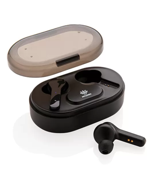 Light up logo TWS earbuds in charging case