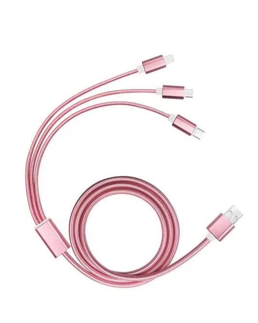 Promotional 3 in 1 Braided USB Charging Cable in Pink